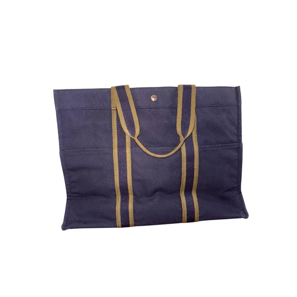 Hermes Fourre Tout MM Canvas Tote Navy Blue Khaki Green Authentic Never Worn - Picture 2 of 10